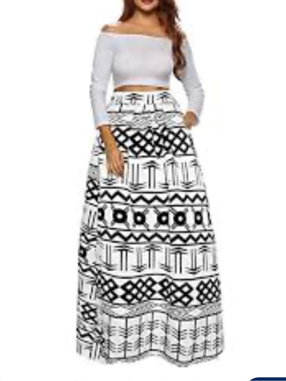 Afibi Women’s Large Black White Boho Chic Gemetric Tribal Maxi Skirt Pockets
